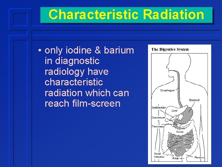 Characteristic Radiation • only iodine & barium in diagnostic radiology have characteristic radiation which