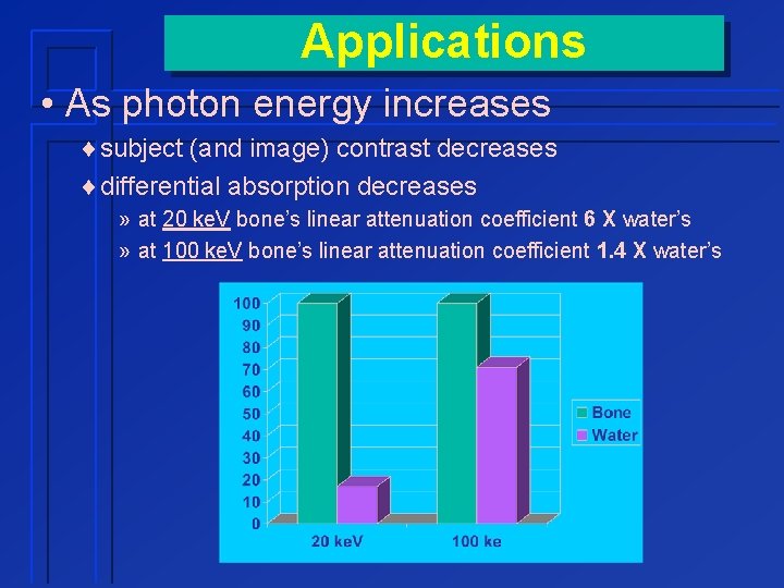 Applications • As photon energy increases ¨subject (and image) contrast decreases ¨differential absorption decreases