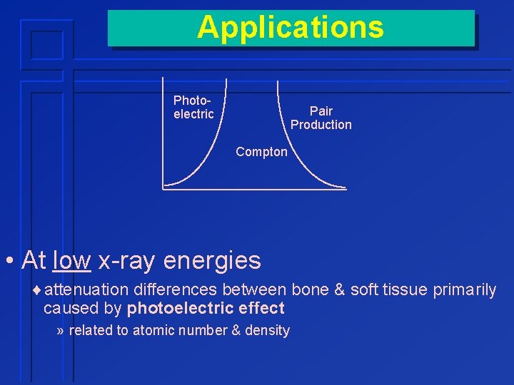 Applications Photoelectric Pair Production Compton • At low x-ray energies ¨attenuation differences between bone