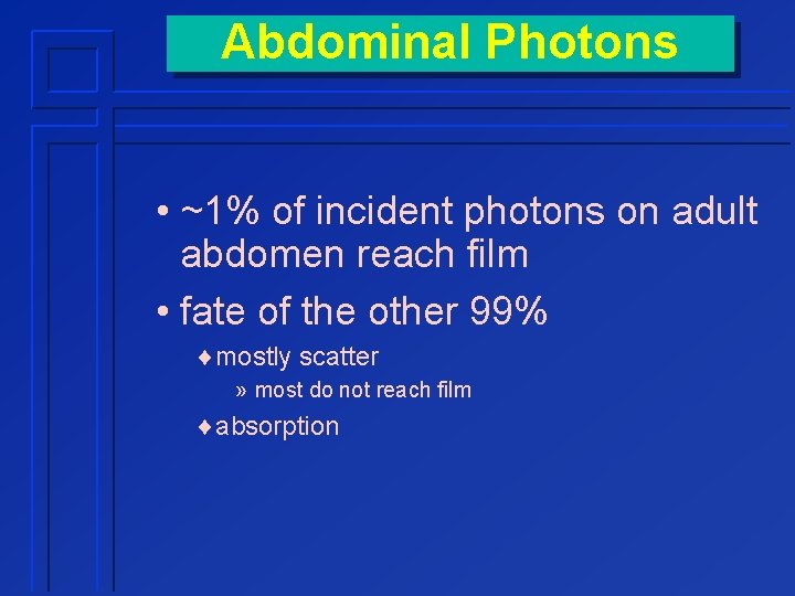 Abdominal Photons • ~1% of incident photons on adult abdomen reach film • fate