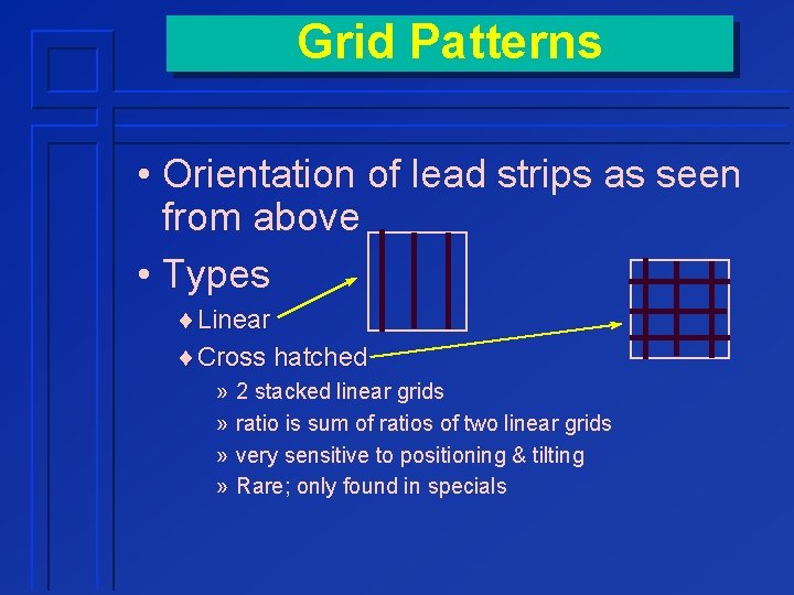 Grid Patterns • Orientation of lead strips as seen from above • Types ¨Linear