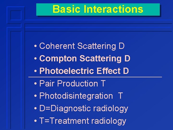 Basic Interactions • Coherent Scattering D • Compton Scattering D • Photoelectric Effect D