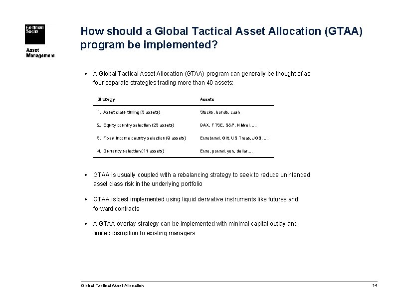 How should a Global Tactical Asset Allocation (GTAA) program be implemented? · A Global
