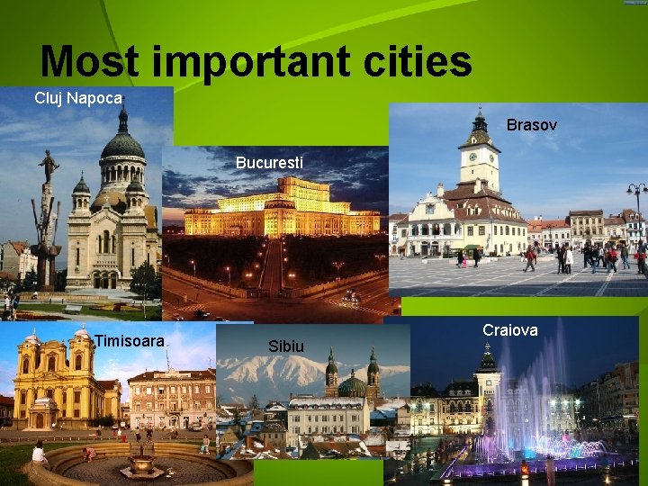 Most important cities Cluj Napoca Brasov Bucuresti Timisoara Sibiu Craiova 