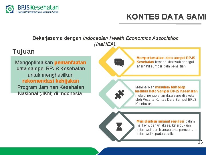 KONTES DATA SAMP Bekerjasama dengan Indonesian Health Economics Association (Ina. HEA). Tujuan Mengoptimalkan pemanfaatan