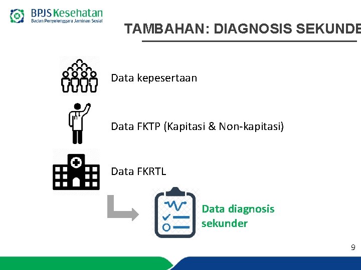 TAMBAHAN: DIAGNOSIS SEKUNDE Data kepesertaan Data FKTP (Kapitasi & Non-kapitasi) Data FKRTL Data diagnosis