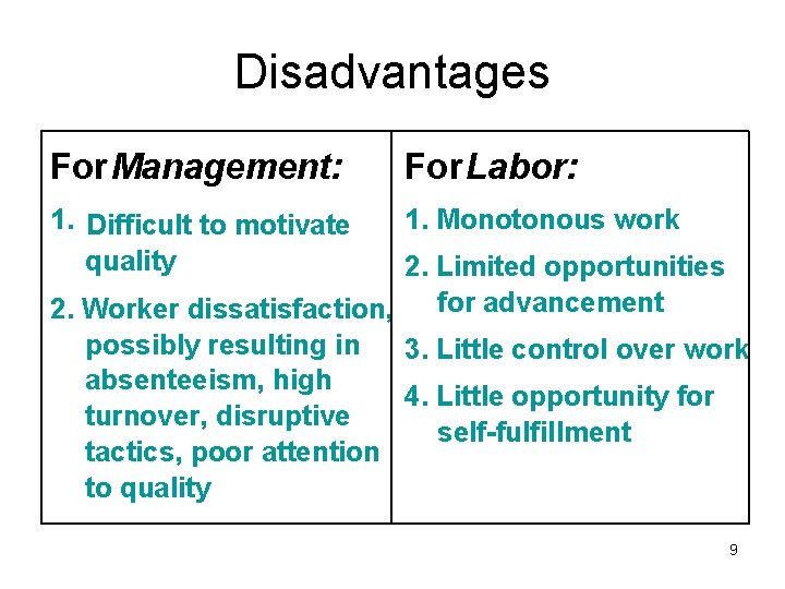 Disadvantages For Management: For Labor: 1. Difficult to motivate quality 1. Monotonous work 2. Disadvantages For Management: For Labor: 1. Difficult to motivate quality 1. Monotonous work 2.