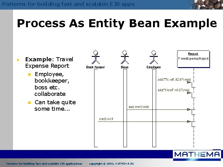 Patterns for building fast and scalable EJB apps Process As Entity Bean Example: Travel