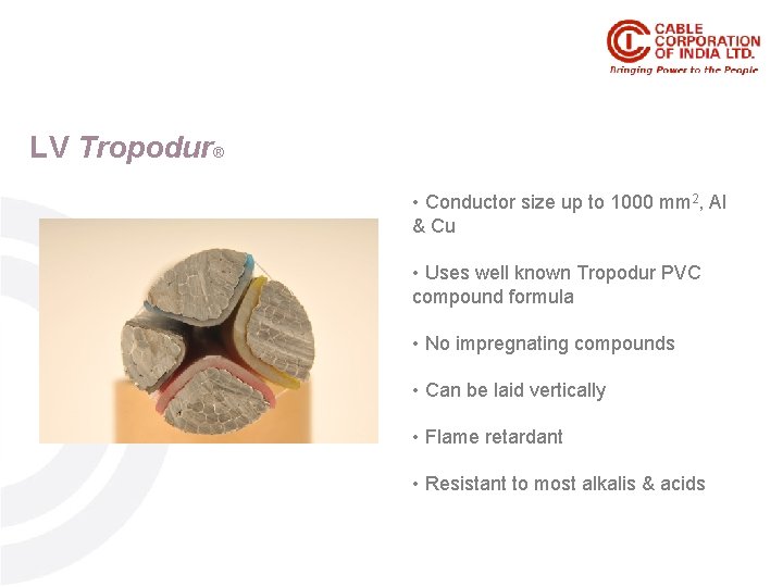 LV Tropodur® • Conductor size up to 1000 mm 2, Al & Cu •