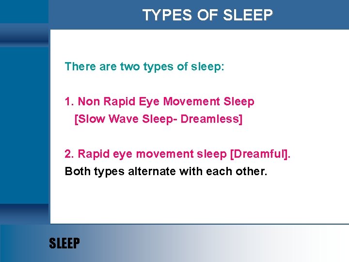 TYPES OF SLEEP There are two types of sleep: 1. Non Rapid Eye Movement