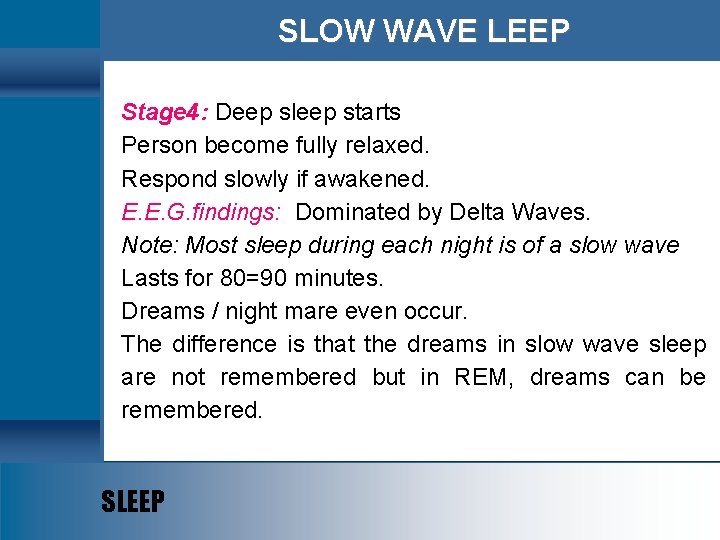 SLOW WAVE LEEP Stage 4: Deep sleep starts Person become fully relaxed. Respond slowly