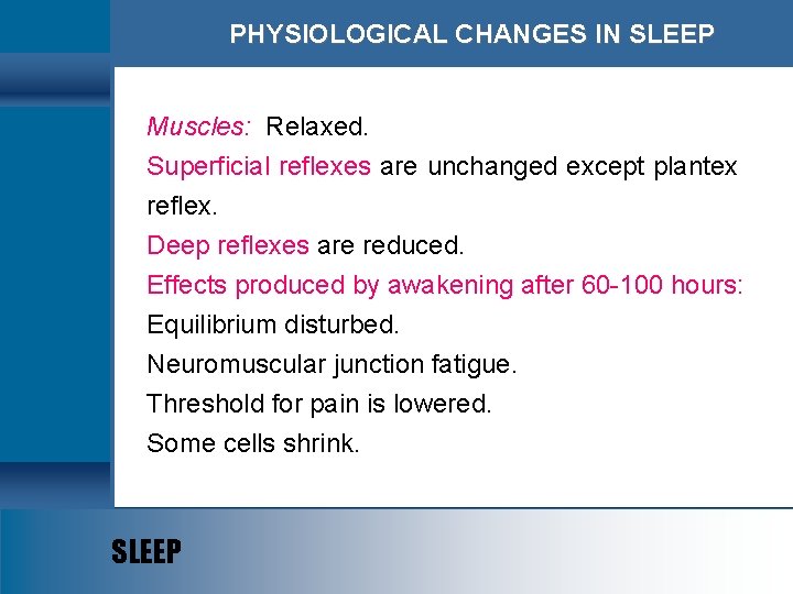 PHYSIOLOGICAL CHANGES IN SLEEP Muscles: Relaxed. Superficial reflexes are unchanged except plantex reflex. Deep
