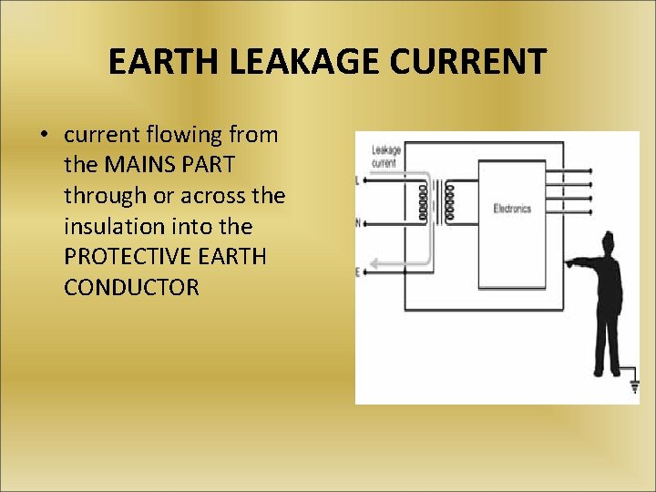 EARTH LEAKAGE CURRENT • current flowing from the MAINS PART through or across the