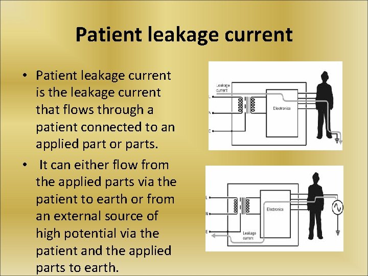 Patient leakage current • Patient leakage current is the leakage current that flows through