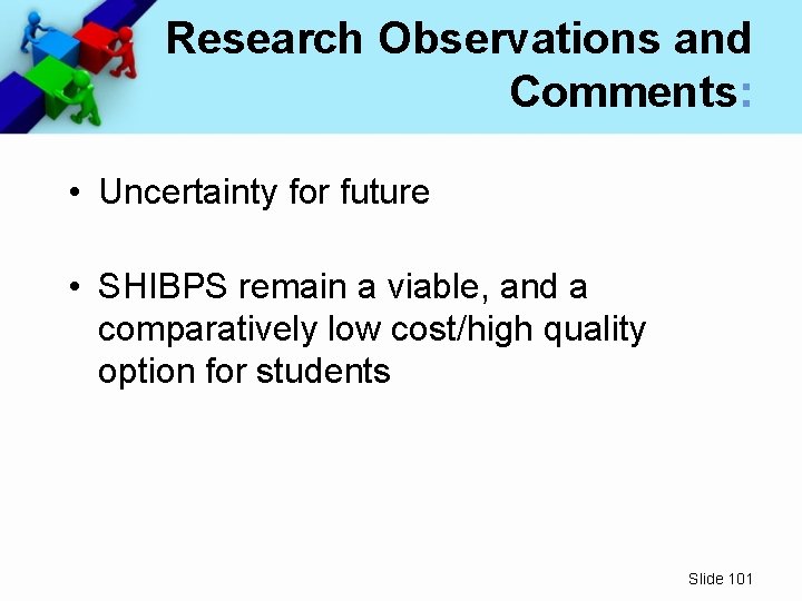 Research Observations and Comments: • Uncertainty for future • SHIBPS remain a viable, and