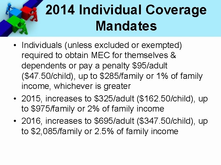 2014 Individual Coverage Mandates • Individuals (unless excluded or exempted) required to obtain MEC