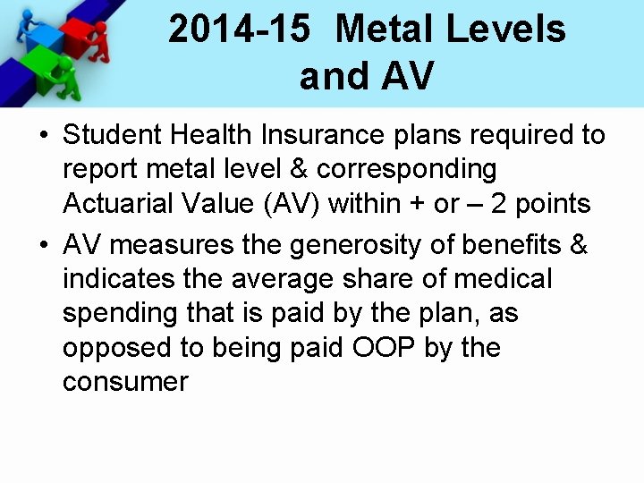 2014 -15 Metal Levels and AV • Student Health Insurance plans required to report