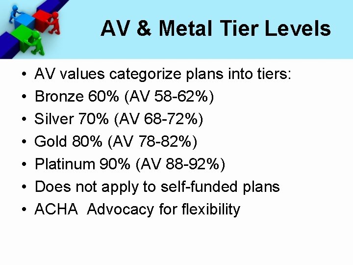 AV & Metal Tier Levels • • AV values categorize plans into tiers: Bronze