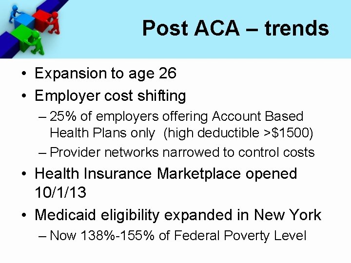 Post ACA – trends • Expansion to age 26 • Employer cost shifting –