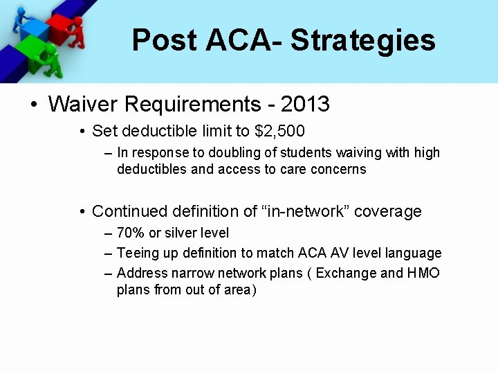 Post ACA- Strategies • Waiver Requirements - 2013 • Set deductible limit to $2,