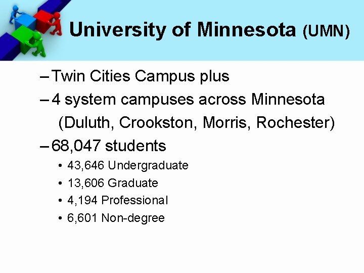 University of Minnesota (UMN) – Twin Cities Campus plus – 4 system campuses across