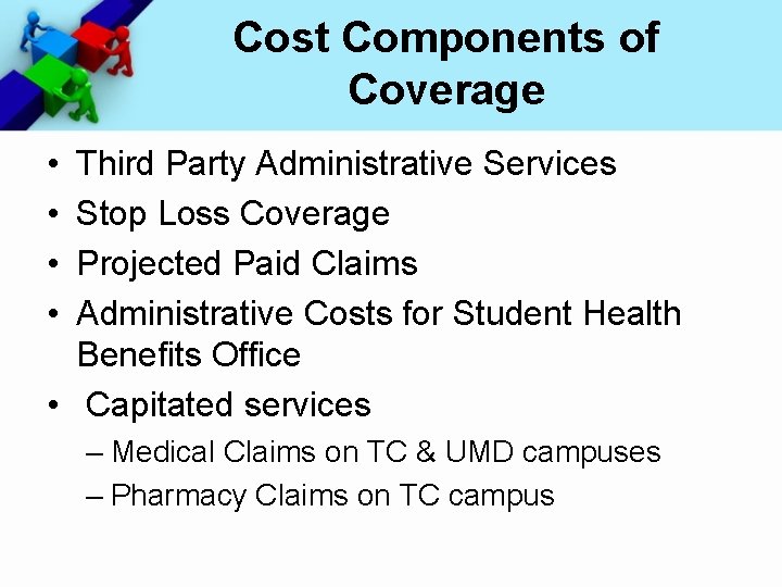 Cost Components of Coverage • • Third Party Administrative Services Stop Loss Coverage Projected