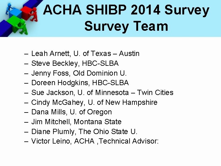ACHA SHIBP 2014 Survey Team – – – – – Leah Arnett, U. of