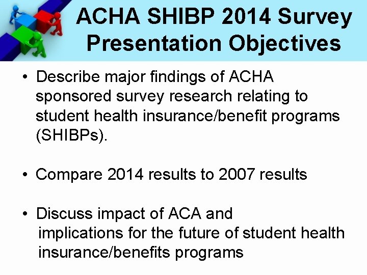 ACHA SHIBP 2014 Survey Presentation Objectives • Describe major findings of ACHA sponsored survey