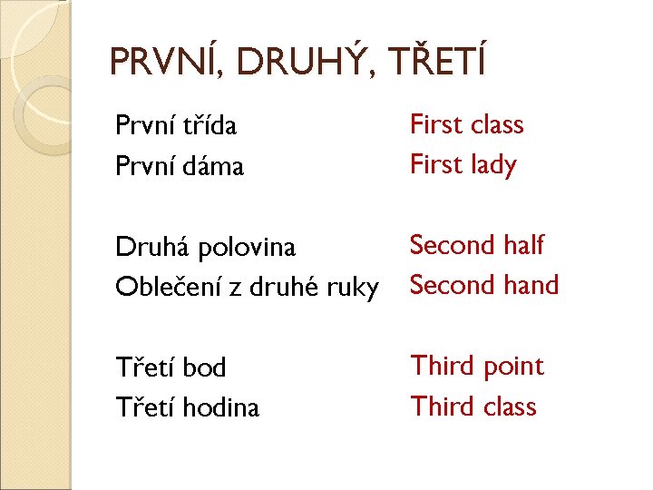 PRVNÍ, DRUHÝ, TŘETÍ První třída První dáma First class First lady Druhá polovina Oblečení