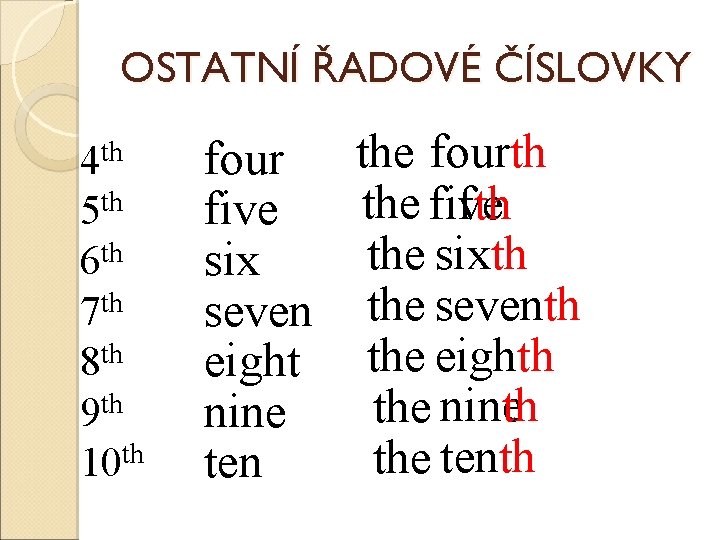 OSTATNÍ ŘADOVÉ ČÍSLOVKY 4 th 5 th 6 th 7 th 8 th 9 OSTATNÍ ŘADOVÉ ČÍSLOVKY 4 th 5 th 6 th 7 th 8 th 9