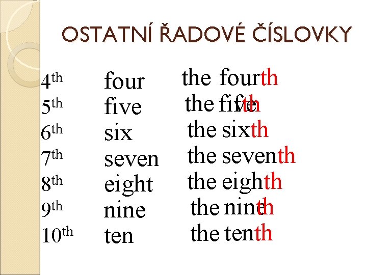 OSTATNÍ ŘADOVÉ ČÍSLOVKY 4 th 5 th 6 th 7 th 8 th 9