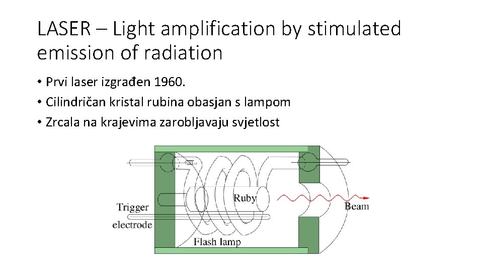 LASER – Light amplification by stimulated emission of radiation • Prvi laser izgrađen 1960.