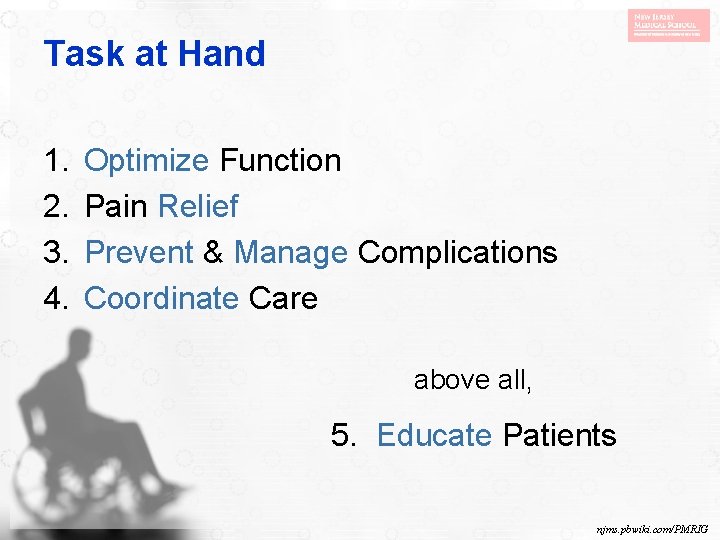 Task at Hand 1. 2. 3. 4. Optimize Function Pain Relief Prevent & Manage