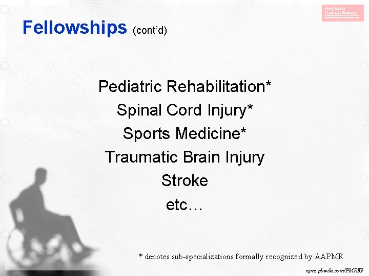 Fellowships (cont’d) Pediatric Rehabilitation* Spinal Cord Injury* Sports Medicine* Traumatic Brain Injury Stroke etc…