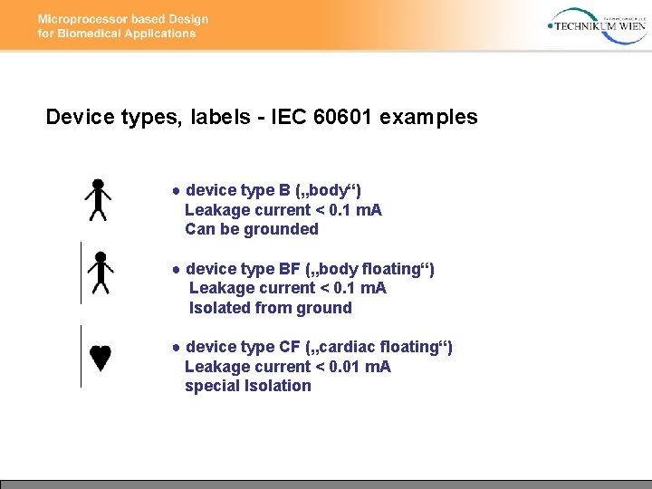 Device types, labels - IEC 60601 examples ● device type B („body“) Leakage current