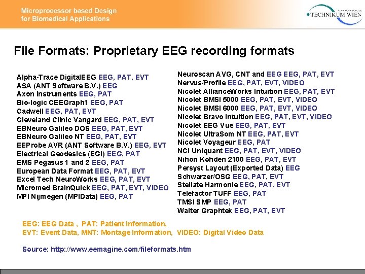 File Formats: Proprietary EEG recording formats Alpha-Trace Digital. EEG, PAT, EVT ASA (ANT Software