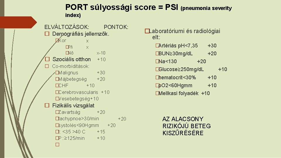 PORT súlyossági score = PSI (pneumonia severity index) ELVÁLTOZÁSOK: PONTOK: � Demográfiás jellemzők. �Kor