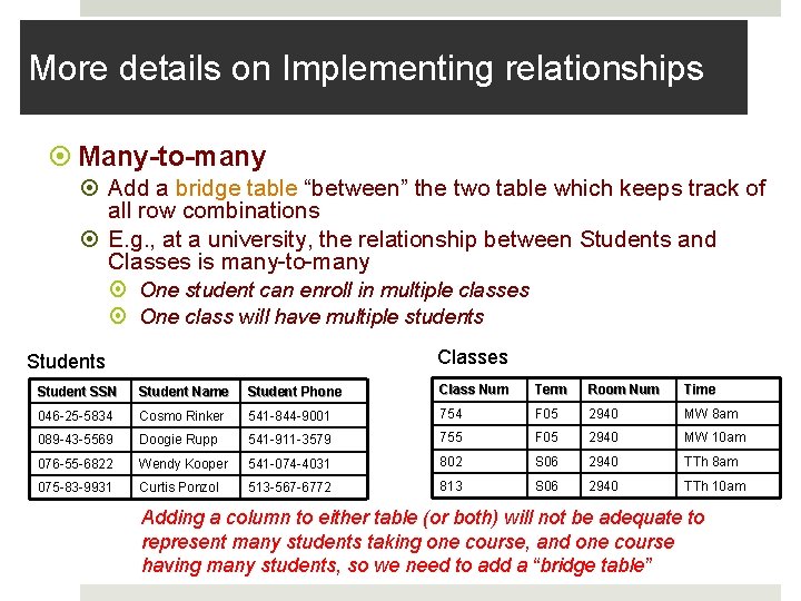 More details on Implementing relationships Many-to-many Add a bridge table “between” the two table