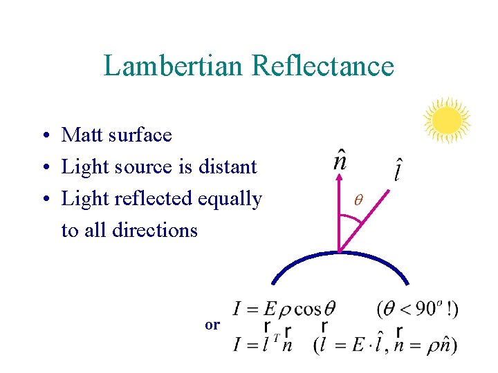 Lambertian Reflectance • Matt surface • Light source is distant • Light reflected equally