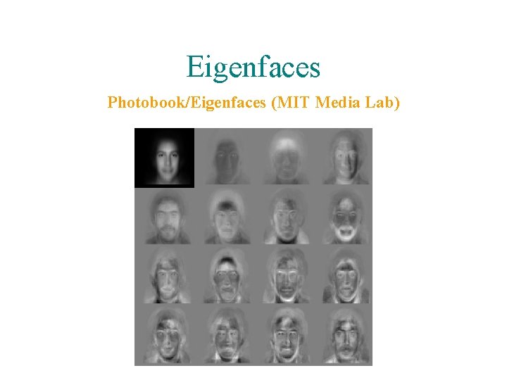 Eigenfaces Photobook/Eigenfaces (MIT Media Lab) 