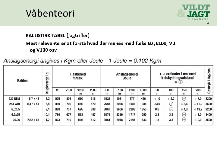 Våbenteori 29 BALLISTISK TABEL (jagtrifler) Mest relevante er at forstå hvad der menes med