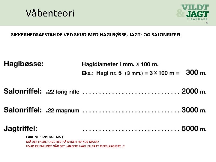 Våbenteori 31 SIKKERHEDSAFSTANDE VED SKUD MED HAGLBØSSE, JAGT- OG SALONRIFFEL ( UDLEVER PAPIRSSKEMA )