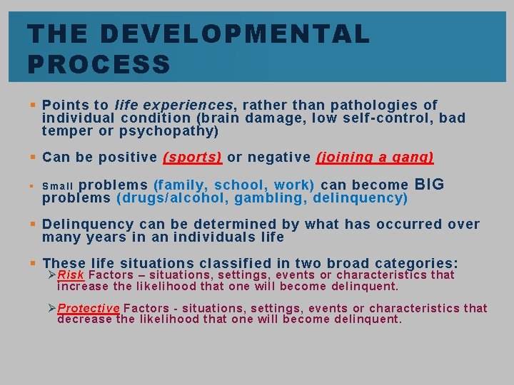 THE DEVELOPMENTAL PROCESS § Points to life experiences, rather than pathologies of individual condition