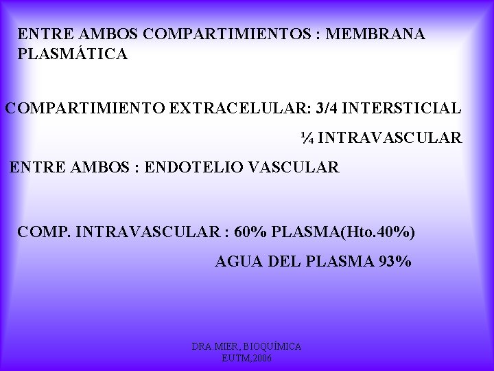 ENTRE AMBOS COMPARTIMIENTOS : MEMBRANA PLASMÁTICA COMPARTIMIENTO EXTRACELULAR: 3/4 INTERSTICIAL ¼ INTRAVASCULAR ENTRE AMBOS