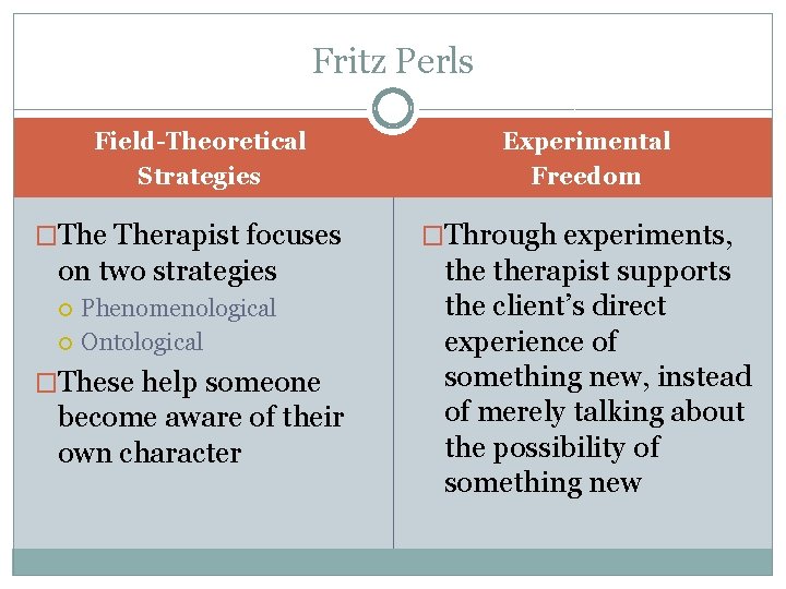 Fritz Perls Field-Theoretical Strategies �The Therapist focuses on two strategies Phenomenological Ontological �These help