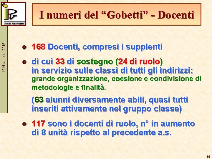 12 Novembre 2015 I numeri del “Gobetti” - Docenti 168 Docenti, compresi i supplenti