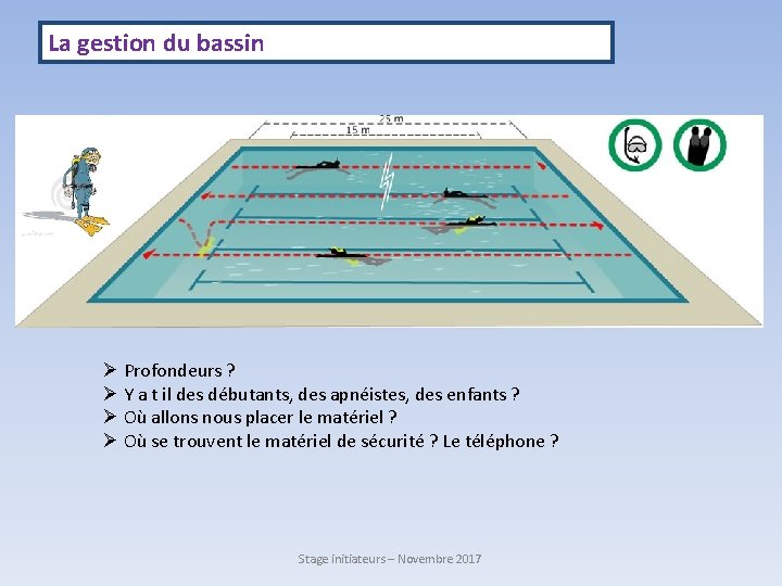 La gestion du bassin Ø Profondeurs ? Ø Y a t il des débutants,