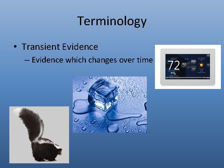 Terminology • Transient Evidence – Evidence which changes over time 