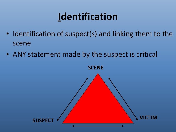 Identification • Identification of suspect(s) and linking them to the scene • ANY statement