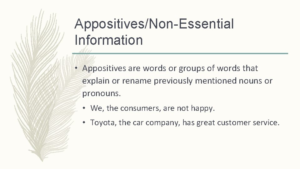 Appositives/Non-Essential Information • Appositives are words or groups of words that explain or rename